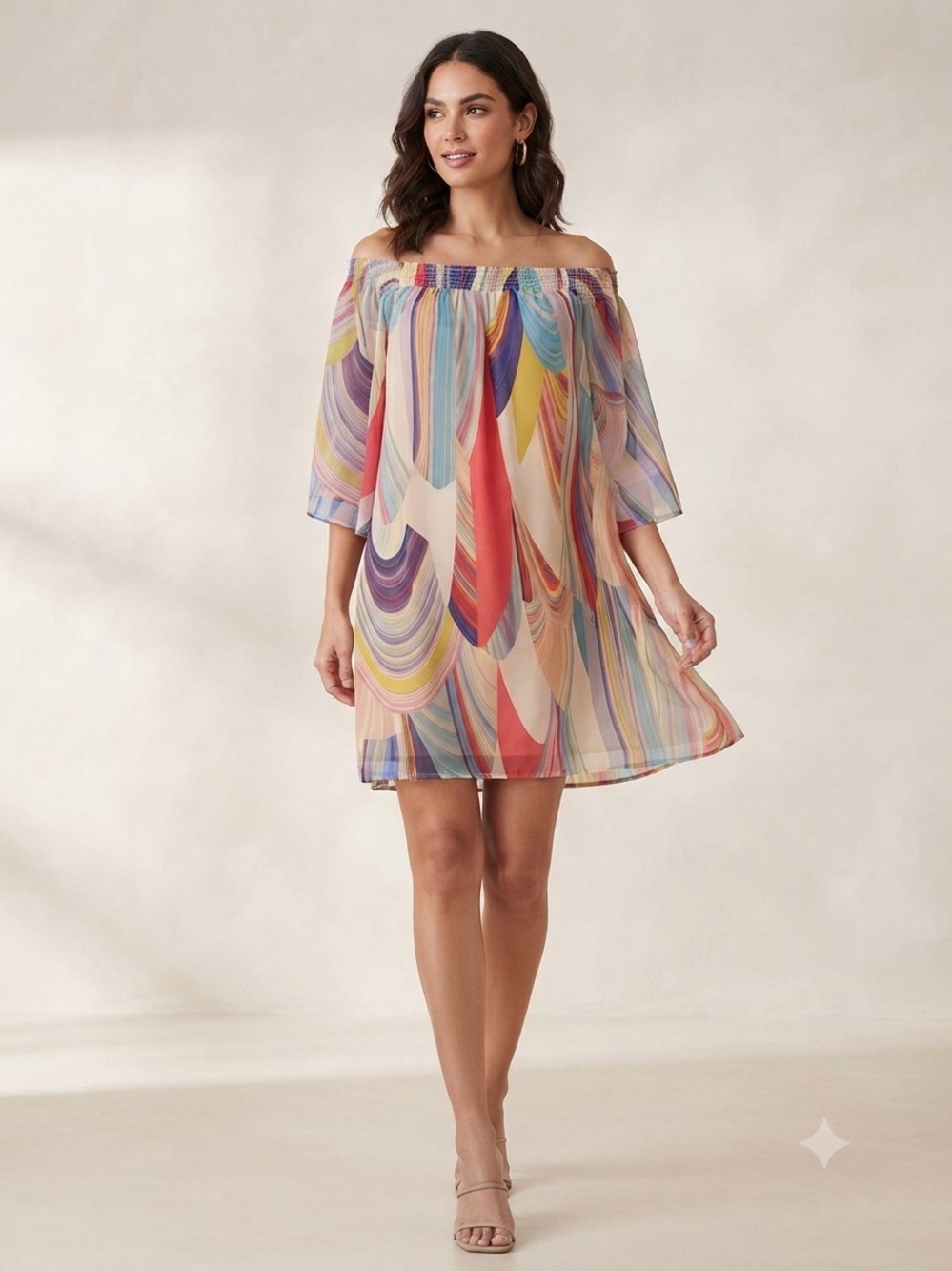 Trina Turk Blush Satin Multi Color Swirl Print Sheer Sleeve Slip Dress 70s Vibe